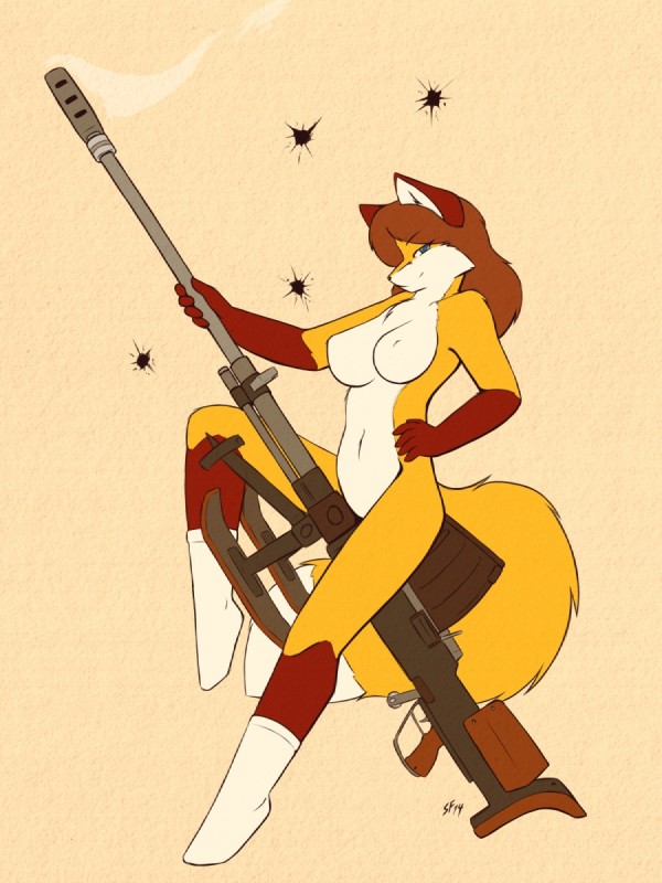 anthro anti-materiel_rifle anti-tank_gun anti-tank_rifle big_breasts black_nose blue_eyes breasts brown_hair chest_tuft clothing countershade_face countershade_neck countershade_torso countershading dipstick_tail female fluffy fluffy_tail footwear fur gloves_(marking) gun hair lahti_l-39 leg_markings legwear long_hair looking_at_viewer markings naturally_censored nipple_tuft nude ranged_weapon red_body red_fur red_markings rifle smile socks socks_(marking) solo tail tail_markings tuft weapon white_body white_clothing white_countershading white_footwear white_fur white_inner_ear white_socks white_tail_tip yellow_body yellow_fur starfighter canid canine fox mammal 2014 3:4 hi_res