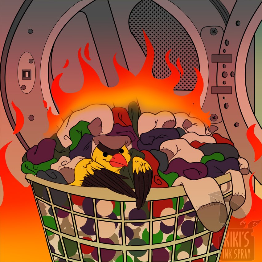 ambiguous_gender appliance clothing feral fire footwear laundry laundry_basket laundry_machine socks solo washing_machine kikisinkspray avian bird 1:1 absurd_res hi_res watermark