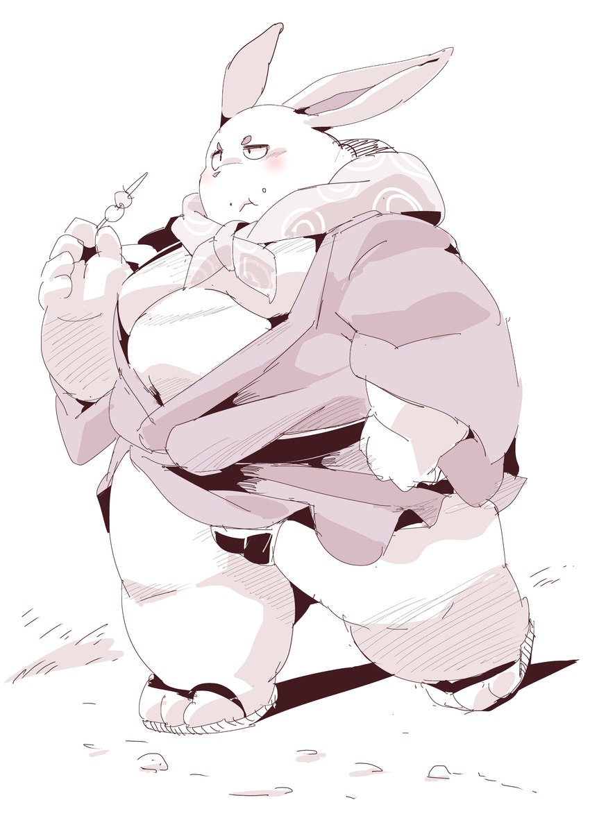 anthro asian_clothing belly big_belly blush clothing east_asian_clothing eating food footwear japanese_clothing kemono male moobs overweight overweight_male sandals shoes solo sigenoya takotyutyu lagomorph leporid mammal rabbit 2021 absurd_res hi_res