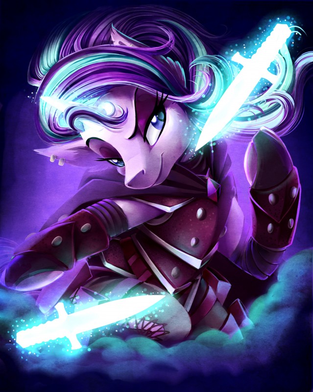 armor cape clothed clothing dagger ear_piercing fantasy_class female hair horn legwear magic melee_weapon multicolored_hair piercing smile smirk solo stockings thief thigh_highs two_tone_hair weapon jadedjynx friendship_is_magic hasbro my_little_pony mythology starlight_glimmer_(mlp) equid equine mammal mythological_creature mythological_equine unicorn 2018 absurd_res hi_res