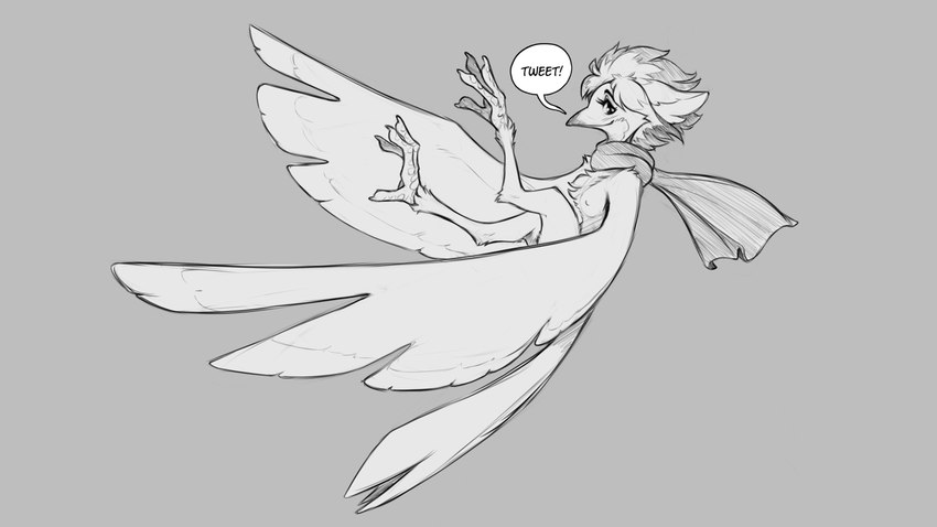 anthro avian_feet beak breasts feathered_wings feathers female looking_at_viewer mostly_nude nipples non-mammal_breasts non-mammal_nipples nude scarf scarf_only small_breasts smile solo wings watsup avian bird 16:9 greyscale monochrome sketch widescreen