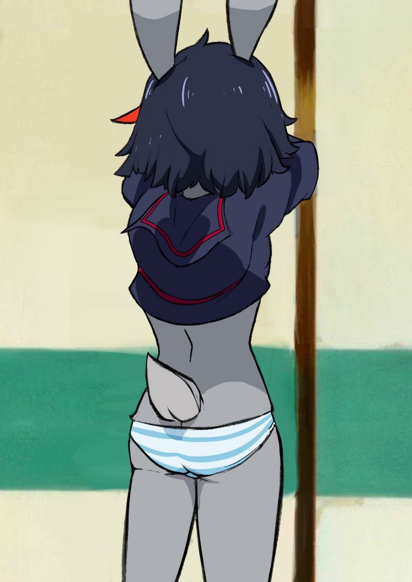 anthro bulge clothed clothing crossdressing male panties school_uniform solo underwear undressing uniform agidyne kill_la_kill looney_tunes studio_trigger warner_brothers bugs_bunny ryuko_matoi lagomorph leporid mammal rabbit hi_res redraw