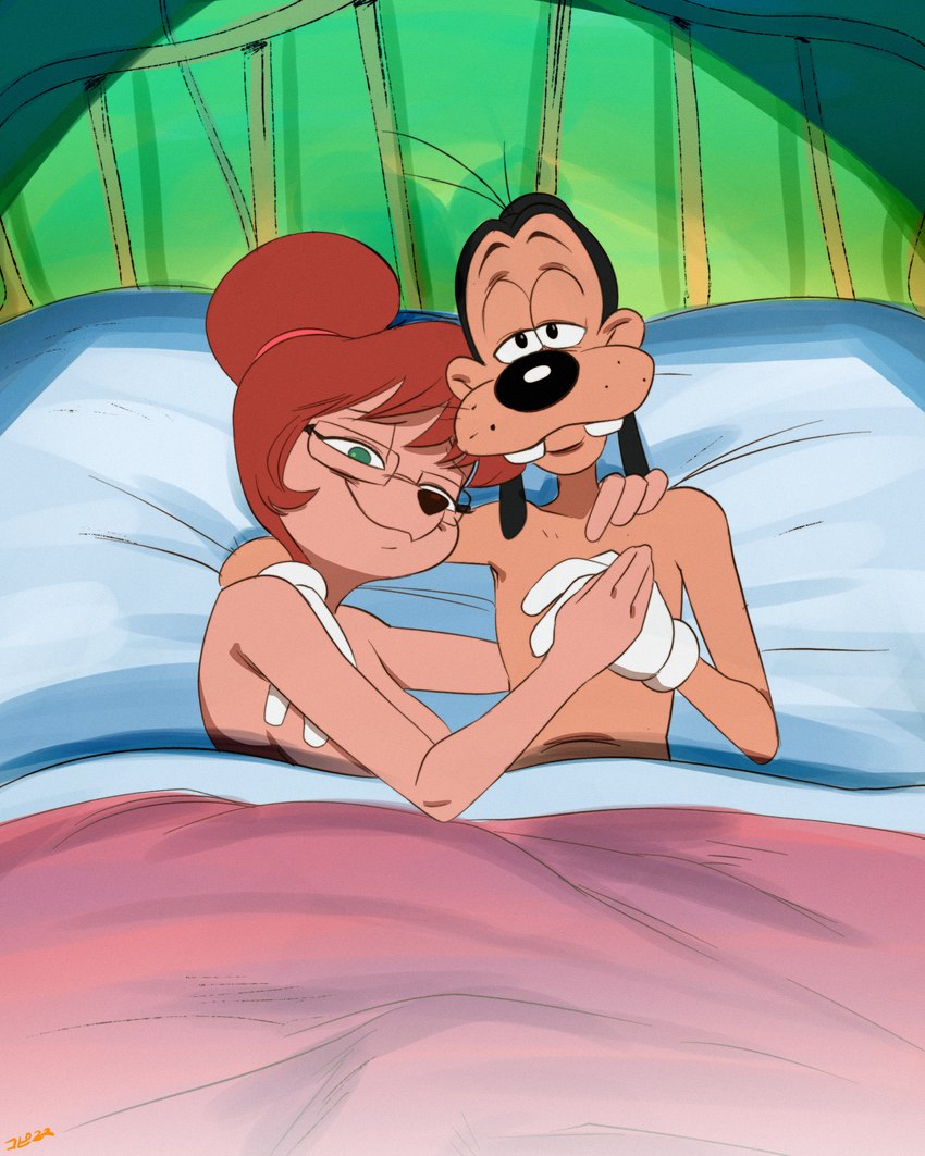 after_sex anthro bed clothing comfortable comforter cuddling duo eyewear female furniture glasses gloves gloves_only green_eyes hair hand_holding handwear handwear_only implied_nudity lying lying_on_bed male male/female mostly_nude nude on_bed red_hair smile spotlight under_covers thehumancopier disney goof_troop goofy_(disney) sylvia_marpole canid canine canis domestic_dog mammal 2022 4:5 absurd_res digital_media_(artwork) half-length_portrait hi_res portrait