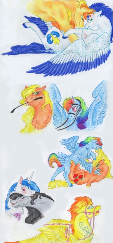 blonde_hair blue_body blue_feathers blue_fur blue_hair bow_(feature) bow_tie cutie_mark duo eyelashes eyes_closed feathered_wings feathers female feral fur green_eyes hair hooves lying male multicolored_hair multiple_partners on_back orange_body orange_fur pairs pink_eyes rainbow_hair red_hair simple_background smile solo white_background wings yellow_body yellow_feathers yellow_fur dawn22eagle friendship_is_magic hasbro my_little_pony mythology applejack_(mlp) octavia_(mlp) rainbow_dash_(mlp) soarin_(mlp) spitfire_(mlp) vinyl_scratch_(mlp) wonderbolts_(mlp) earth_pony equid equine horse mammal mythological_creature mythological_equine pegasus pony absurd_res hi_res multiple_images traditional_media_(artwork)