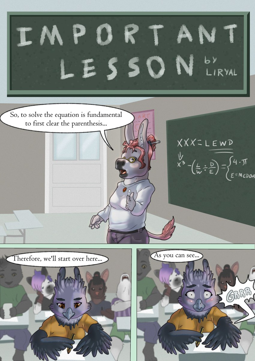 adolescent anthro classroom clothed clothing dialogue eyewear female glasses group lesson male school teacher text young liryal accipitrid accipitriform asinus avian bat bird canid canine canis domestic_cat donkey eagle equid equine felid feline felis harpy_eagle mammal panthera siamese wolf absurd_res comic english_text hi_res