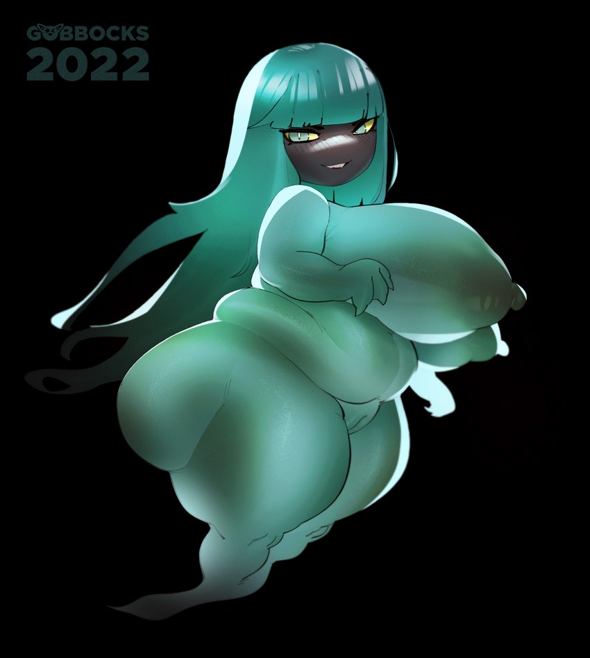 areola big_breasts big_butt black_background black_body blush blush_lines breasts butt female genitals ghost_tail green_body green_eyes green_hair hair huge_breasts huge_butt long_hair looking_at_viewer nipples nude overweight overweight_female pussy short_stack side_butt simple_background smile solo thick_thighs wide_hips yellow_sclera gobbocks hades_(game) dora_(hades) ghost humanoid spirit undead absurd_res hi_res