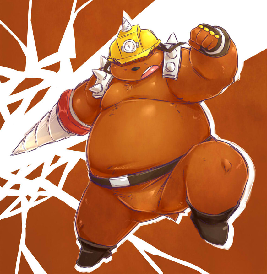 anthro armor belly black_nose brown_body hard_hat headgear helmet humanoid_hands kemono male overweight overweight_anthro overweight_male solo chiro_(artist) build_tiger eulipotyphlan mammal mole_(animal) 2014