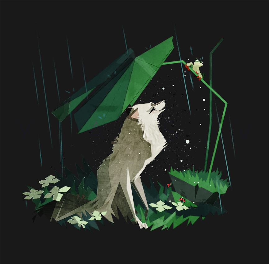 ambiguous_gender black_background duo feral flower fur fuzzy grass green_body leaf looking_at_another looking_up on_model outside plant raining sheltering simple_background sitting size_difference smile solo_focus tail white_body white_fur yasv might_and_delight shelter_(game_series) amphibian arthropod beetle canid canine canis cucujoid frog insect ladybug mammal wolf hi_res lineless