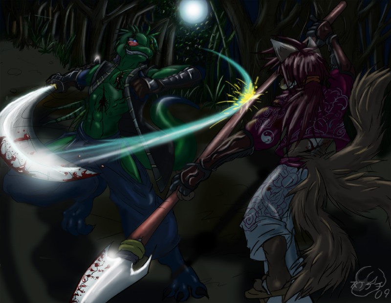 anthro asian_clothing attack battle biceps big_muscles blood bodily_fluids bottomwear clothing detailed_background duo east_asian_clothing eyewear fight glasses japanese_clothing katana kimono male melee_weapon muscular muscular_male night outside pants polearm samurai spear sword tail warrior weapon tokaga tokaga_(character) canid canine canis lizard mammal reptile scalie wolf