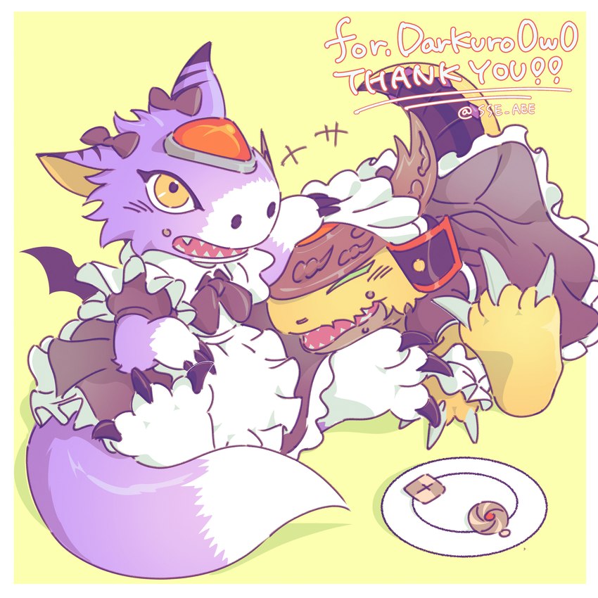 clothing cookie dress duo feral food forehead_gem fur gem maid_uniform male plate purple_body purple_fur uniform yellow_body yellow_fur sse_aee bandai_namco digimon digimon_(species) dorumon ryudamon x-digimon 1:1 hi_res