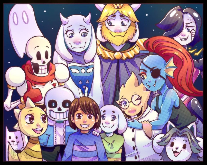 anthro beard blonde_hair bone bunny_ears_(gesture) clothed clothing facial_hair female gesture group hair horn long_ears machine skeleton topwear white_body naab_ascanio undertale undertale_(series) alphys annoying_dog_(undertale) asgore_dreemurr asriel_dreemurr frisk_(undertale) mettaton monster_kid napstablook papyrus_(undertale) robo sans_(undertale) temmie_(undertale) toriel undyne android animated_skeleton boss_monster_(undertale) bovid canid canine caprine felid feline fish ghost human lizard mammal marine reptile robot scalie spirit tem undead 5:4