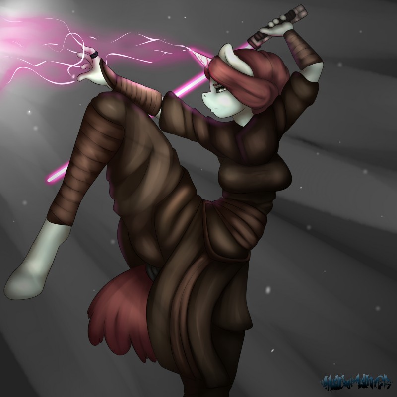 anthro anthrofied female fighting_pose hair holding_object holding_weapon horn lightsaber melee_weapon pink_lightsaber pose solo weapon jamesjackobgermany hasbro my_little_pony mythology star_wars fan_character equid equine mammal mythological_creature mythological_equine unicorn 1:1 absurd_res hi_res