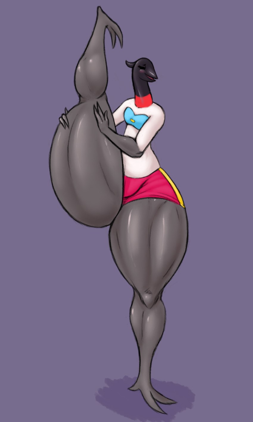 2_fingers anthro beak bottomwear clothing female fingers grey_body huge_thighs purple_background raised_leg shirt shorts simple_background solo thick_thighs topwear jovi_cap avian bird hi_res