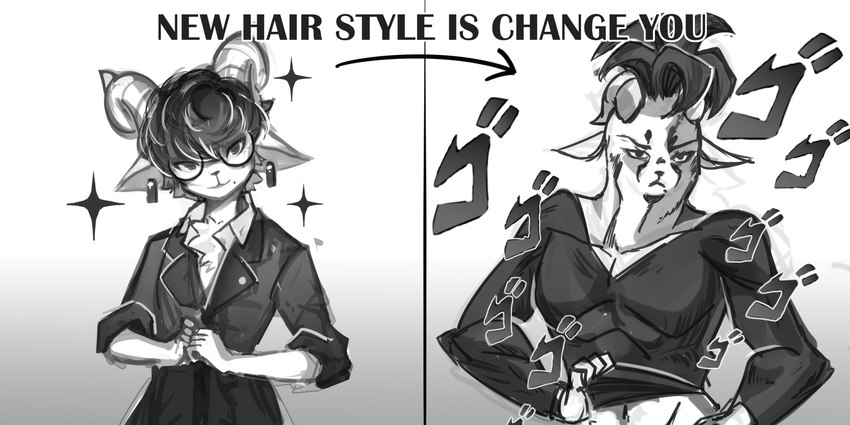 anthro eyewear girly_dominant glasses horn jojo_pose male sound_effects text anlack menacing_(meme) frost_(monodie) bovid caprine mammal sheep 2024 2:1 english_text hi_res meme monochrome sketch