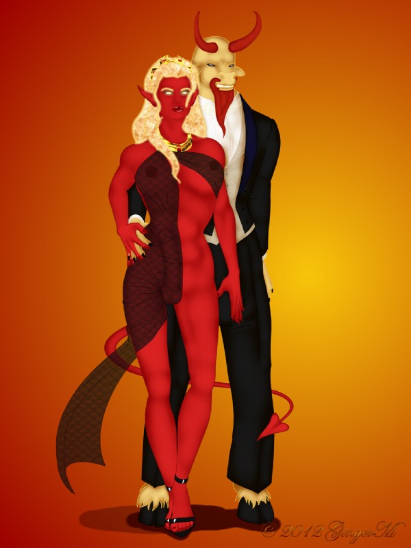 anthro beard black_tie_(suit) bulge clothed clothing cloven_hooves detailed_bulge dress duo facial_hair fetlocks formal genital_outline glowing gynomorph hooves horn humanoid_pointy_ears intersex lips male orange_background penis_outline pointy_ears red_body red_horn red_lips red_skin romantic romantic_couple simple_background skimpy spade_tail suit tail gingerm european_mythology greek_mythology mythology lady_watamaraka samael_tempestade_(gentlemanplayer) watamaraka_(gentlemanplayer) bovid bovine demon mammal minotaur 2012 3:4 hi_res