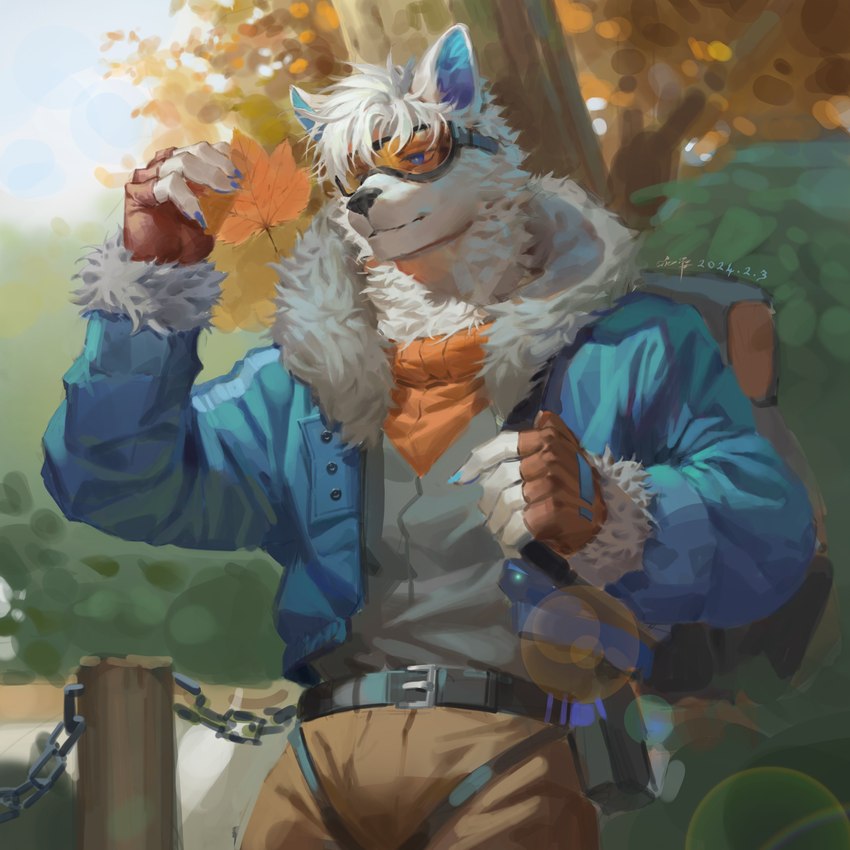 anthro black_nose blue_clothing blue_eyes blue_jacket blue_topwear bottomwear brown_bottomwear brown_clothing brown_pants cheek_tuft clothed clothing day eyewear facial_tuft front_view fur goggles grey_clothing grey_shirt grey_topwear hair jacket male messy_hair mouth_closed narrowed_eyes neck_tuft open_clothing open_jacket open_topwear outside pants plant shirt short_hair shrub solo standing topwear tree tuft white_body white_fur white_hair awaldkize canid canine mammal 1:1 absurd_res hi_res portrait three-quarter_portrait