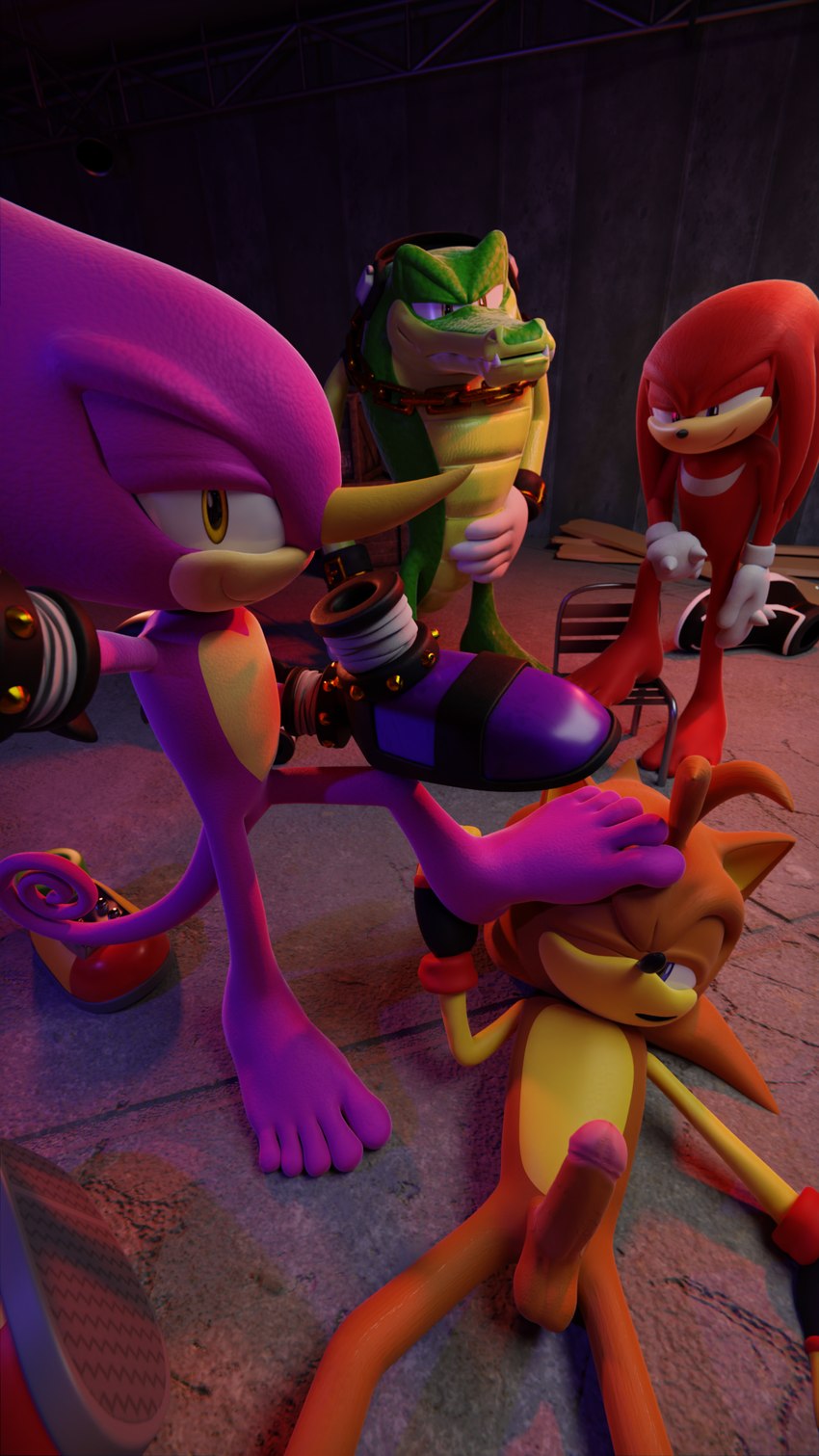 5_toes anthro barefoot clothing feet foot_on_face footwear genitals gloves green_body group handwear male orange_body penis purple_body red_body shoes shoes_removed smile toes feetymcfoot sega sonic_the_hedgehog_(series) espio_the_chameleon fan_character knuckles_the_echidna sledge_the_hedgehog vector_the_crocodile chameleon crocodile crocodilian echidna eulipotyphlan hedgehog lizard mammal monotreme reptile scalie 3d_(artwork) absurd_res digital_media_(artwork) hi_res