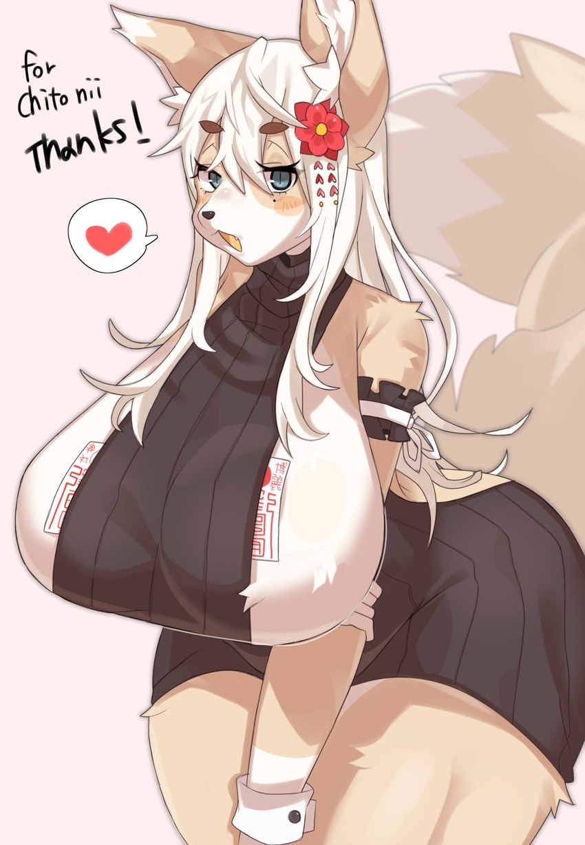 accessory anthro arm_tuft arm_under_breasts big_breasts biped blonde_hair blue_eyes breast_tuft breasts clothed clothed_anthro clothed_female clothing cuffs_(clothing) eyebrows eyelashes female female_anthro flower flower_in_hair hair hair_accessory heart_symbol huge_breasts inner_ear_fluff kemono leaning leaning_forward long_hair looking_at_viewer ofuda ofuda_on_breast open_mouth plant pupils shirt_cuffs shoulder_tuft slit_pupils solo speech_bubble sweater talisman text topwear tuft virgin_killer_sweater azi_4081 meme_clothing chito-nii canid canine canis mammal wolf 2022 absurd_res english_text hi_res meme pictographics