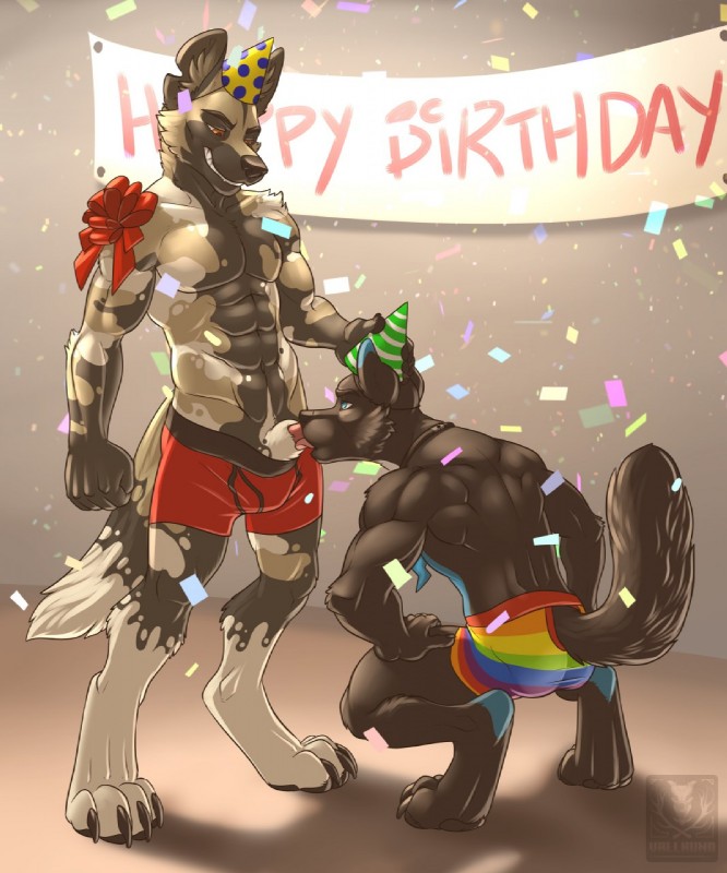 abs animal_genitalia animal_penis anthro athletic biceps birthday birthday_sex black_body black_fur black_nose blue_eyes boxer_briefs brown_body brown_eyes brown_fur butt canine_genitalia canine_penis claws clothed clothing crouching digitigrade duo fangs fur furgonomics genitals grin hat headgear headwear licking male male/male male_penetrated male_penetrating male_penetrating_male multicolored_clothing multicolored_underwear muscular necktie oral party_hat pecs penetration penile penis penis_lick penis_tip rainbow_clothing rainbow_underwear red_clothing red_underwear sex sheath smile tail tail_clothing teeth toe_claws tongue tongue_out topless underwear white_body white_fur vallhound buckwolf89 darkukko african_wild_dog canid canine canis domestic_dog husky hybrid mammal nordic_sled_dog spitz 2015 digital_media_(artwork) hi_res watermark