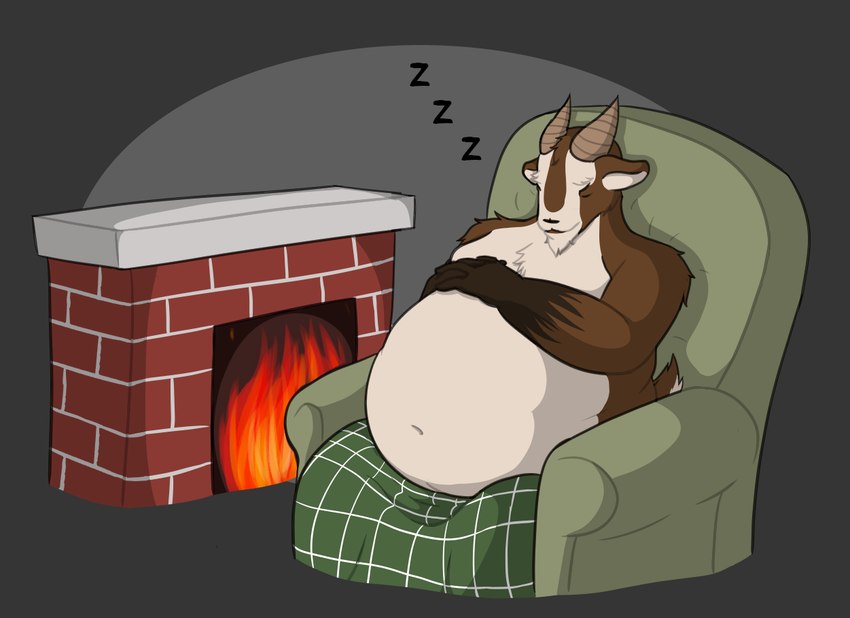 2_horns anthro bedding belly bent_arm big_belly black_nose blanket blanket_only brown_body brown_fur brown_horn brown_tail chair eyes_closed fire fireplace fur furniture green_blanket green_chair hands_on_own_belly horn interlocked_fingers male male_anthro multicolored_body multicolored_fur navel obese obese_anthro obese_male on_chair overweight overweight_anthro overweight_male simple_background sitting sitting_on_chair sleeping solo sound_effects tail two_tone_tail vowelless vowelless_sound_effect white_body white_fur white_inner_ear white_tail zzz theannoyingnpc greg_(theannoyingnpc) bovid caprine goat mammal 2017 colored digital_drawing_(artwork) digital_media_(artwork) english_description shaded simple_shading