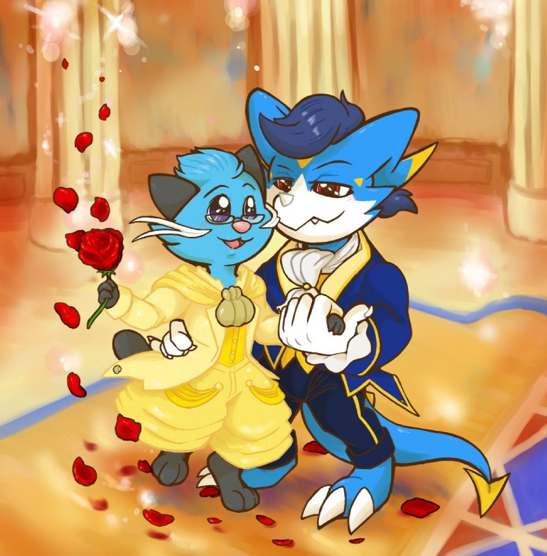 ball ballroom dancing dressed_up duo flower hall male plant rose_(flower) tail chicostyx bandai_namco beauty_and_the_beast digimon disney mythology nintendo pokemon beast_(disney) belle_(beauty_and_the_beast) fan_character kai_the_dewott yami_the_veemon dewott digimon_(species) dragon generation_5_pokemon mythological_creature mythological_scalie pokemon_(species) reptile scalie veemon hi_res