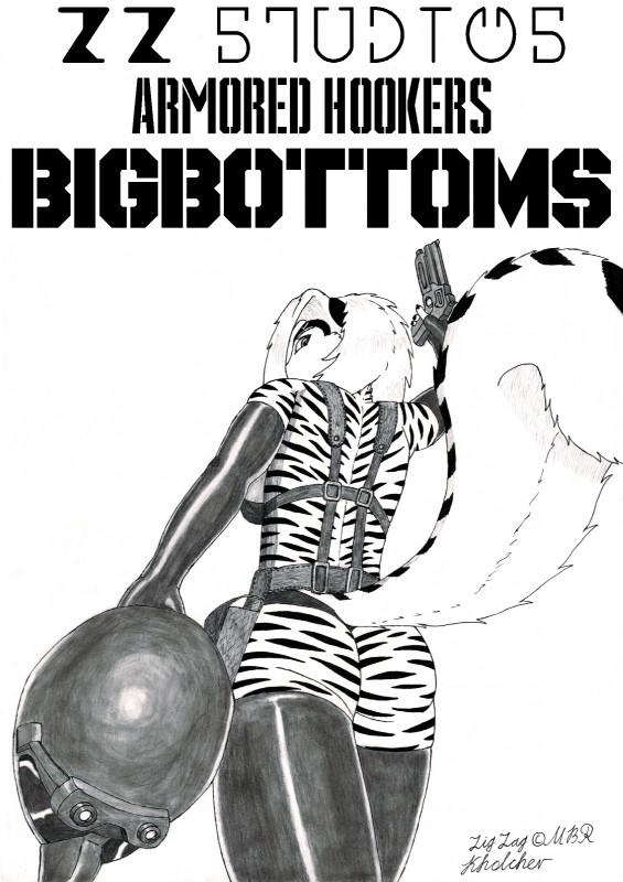 anthro armor butt gun handgun headgear helmet latex leather parody pistol poster poster_template ranged_weapon text weapon konstantin_kholchev armored_trooper_votoms zig_zag felid hybrid mammal mephitid pantherine skunk tiger english_text graphite_(artwork) hi_res traditional_media_(artwork)