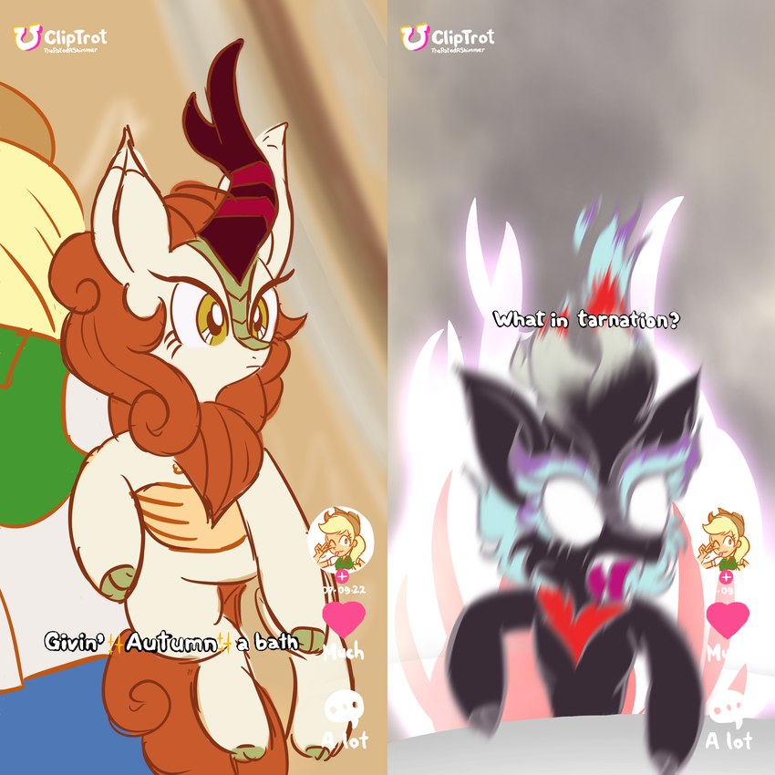 amber_eyes black_body black_fur duo fangs female feral fur hair horn orange_hair solo_focus tan_body tan_fur teeth text white_eyes theratedrshimmer asian_mythology chinese_mythology east_asian_mythology equestria_girls friendship_is_magic hasbro my_little_pony mythology applejack_(eg) autumn_blaze_(mlp) dragon human kirin mammal mythological_creature mythological_scalie nirik scalie 1:1 2021 digital_media_(artwork) english_text hi_res meme