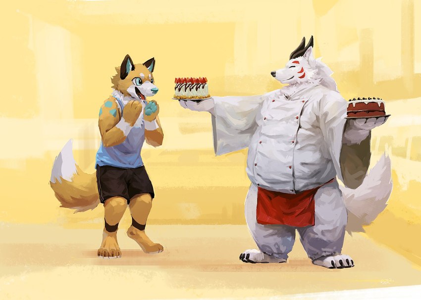 anthro apron belly big_belly bottomwear cake clothing dessert duo eyes_closed food fur inside kemono kitchen male overweight overweight_male pants shirt shorts topwear white_body white_fur racoonwolf canid canine fox mammal 2022 hi_res