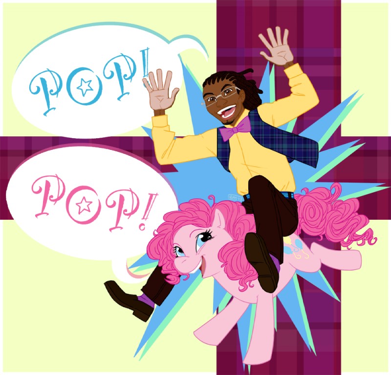 abstract_background black_hair blue_eyes bow_(feature) bow_tie clothed clothing cutie_mark duo eyewear female feral glasses hair male mane pink_mane riding speech_bubble text topwear vest muffinpoodle community_(series) friendship_is_magic hasbro my_little_pony magnitude pinkie_pie_(mlp) earth_pony equid equine horse human mammal pony 2012 crossover