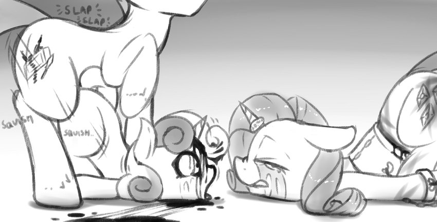 abuse bent_over blood bodily_fluids bound chain chained dead_eyes death eyes_closed female feral forced gore group magic_suppression male male/female necrophilia penetration rape sex simple_background tears trio white_background young young_female young_feral fearingfun friendship_is_magic hasbro my_little_pony mythology rarity_(mlp) sweetie_belle_(mlp) equid equine horse mammal mythological_creature mythological_equine pony black_and_white hi_res monochrome