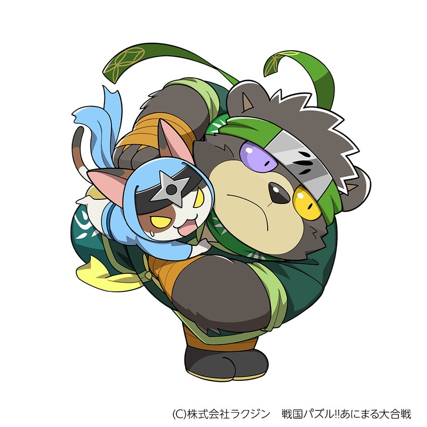 anthro biped black_body black_nose bodily_fluids duo kemono ninja scarf sweat warrior kinoshita-jiroh sengoku_puzzle ooe_senbee bear domestic_cat felid feline felis mammal 1:1 2023