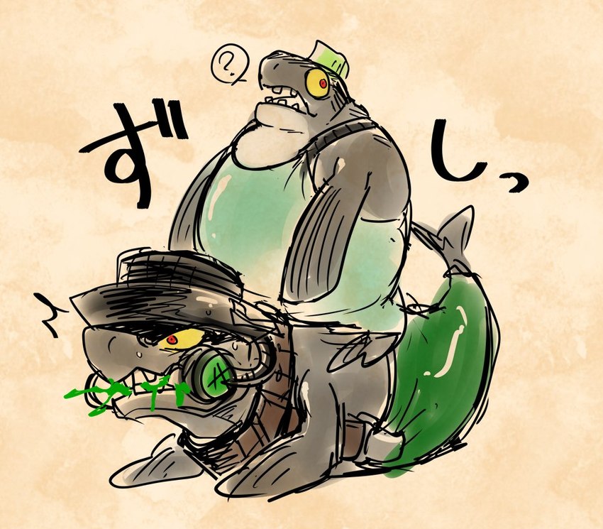 anthro carrying_another duo flat_top green_hair grey_body hair male overweight overweight_male piggyback red_eyes struggling yellow_sclera v_ig_v nintendo splatoon big_shot_(splatoon) fish marine salmonid_(splatoon) steelhead