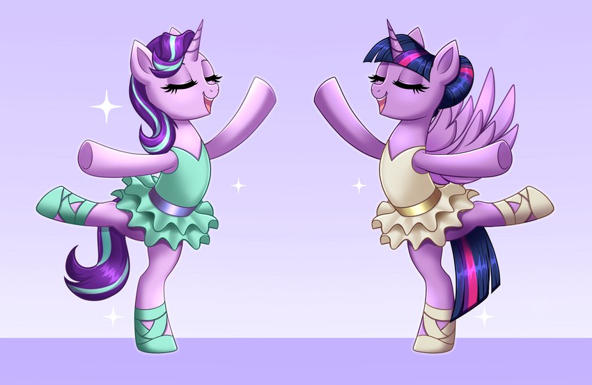 ballet ballet_dress bottomwear clothed clothing dance_shoes dancewear dress duo eyes_closed female footwear hair horn pointe_shoes pose powder_puff_tutu purple_hair raised_leg shoes skirt tail tail_under_skirt tutu wings confetticakez friendship_is_magic hasbro my_little_pony mythology starlight_glimmer_(mlp) twilight_sparkle_(mlp) equid equine mammal mythological_creature mythological_equine unicorn winged_unicorn 2021 absurd_res hi_res