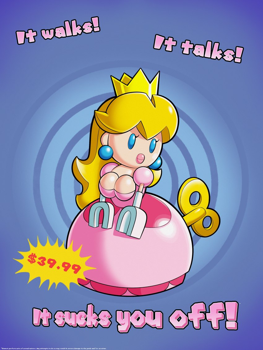 blonde_hair blue_eyes breasts cleavage clothed clothing crown ear_piercing ear_ring female hair headgear lips machine piercing pink_lips ring_piercing text toy wind-up_key sleepiitreat mario_bros mario_vs._donkey_kong nintendo princess_peach mini_peach robot 3:4 absurd_res english_text hi_res