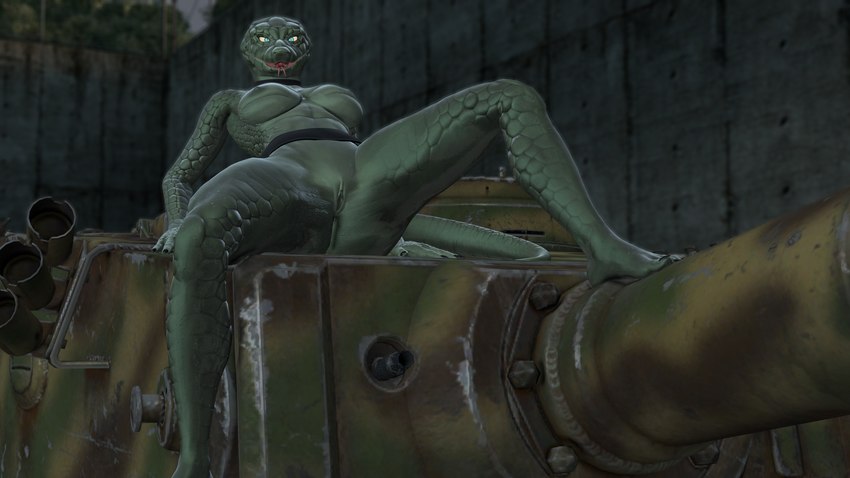 anthro big_breasts big_butt blue_eyes breasts butt female forked_tongue genitals green_body green_scales leaning leaning_backward looking_at_viewer nails nipples non-mammal_breasts non-mammal_nipples nude on_vehicle open_mouth outside panzer panzerkampfwagen_(tank) panzerkampfwagen_vi_(tank) plantigrade pose pupils pussy scales slit_pupils solo spread_legs spreading tank_(vehicle) tiger_(tank) tongue vehicle scaleddelta petruz_(modeler) snake_(petruz) reptile scalie snake 16:9 2021 3d_(artwork) 4k absurd_res digital_media_(artwork) hi_res pinup source_filmmaker_(artwork) widescreen