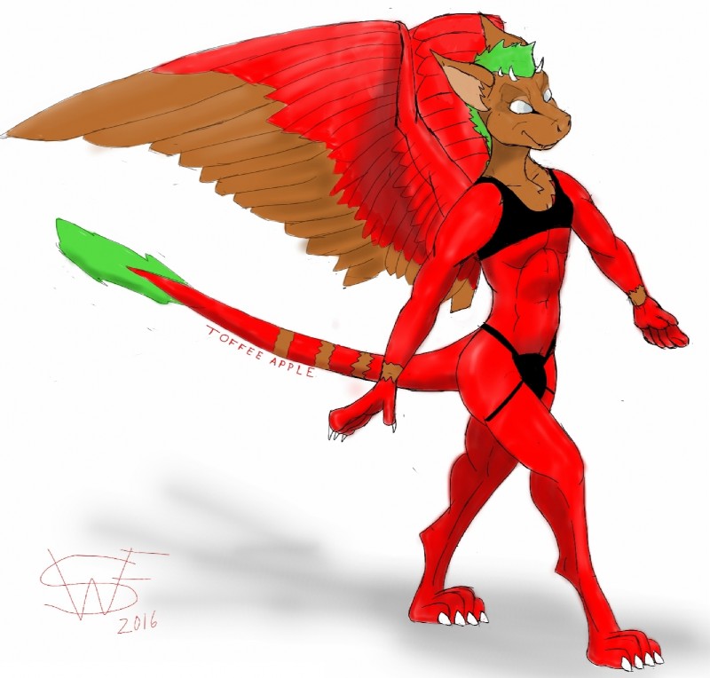 anthro apple candy candy_apple clothed clothing dessert feathered_wings feathers food fruit fur green_hair hair male plant red_body red_fur simple_background solo white_background wings smartwhitefang bat mammal hi_res