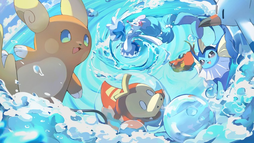 ambiguous_gender biped blue_body blue_sky bubble fangs feral group open_mouth open_smile orange_body quadruped red_body sky smile tan_body teeth water water_background wave white_body flong nintendo pokemon alolan_form alolan_raichu eeveelution floatzel fuecoco generation_1_pokemon generation_4_pokemon generation_7_pokemon generation_9_pokemon pokemon_(species) primarina regional_form_(pokemon) scalie vaporeon 16:9 4k absurd_res digital_drawing_(artwork) digital_media_(artwork) hi_res shaded wallpaper widescreen