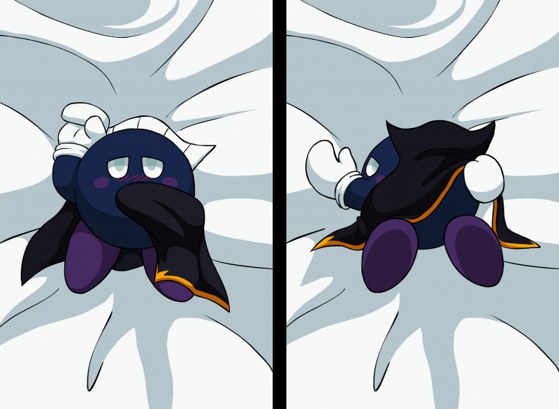 ambiguous_gender blue_body blue_eyes cape_lift clothed clothing clothing_lift dakimakura handwear lying mittens not_furry on_back on_front rosy_cheeks solo vibrantechoes kirby_(series) nintendo meta_knight waddling_head alpha_channel dakimakura_design hi_res