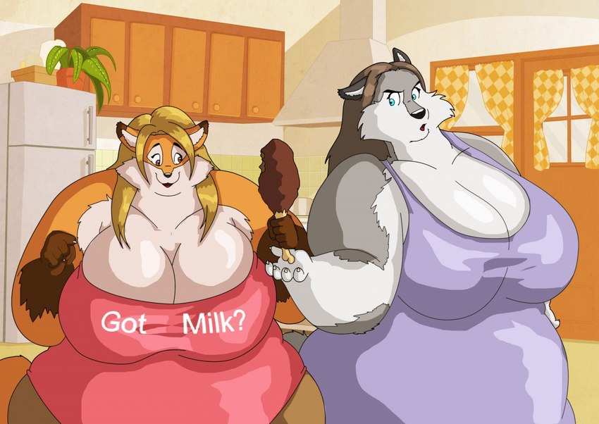 anthro appliance belly big_breasts blonde_hair blue_eyes breasts brown_eyes brown_hair cabinet clothing drumstick_(food) duo female food fridge fur grey_body grey_fur hair huge_breasts kitchen_appliance kitchen_cabinet meat_on_bone obese obese_anthro obese_female open_mouth orange_body orange_fur overweight overweight_anthro overweight_female plant plant_pot potted_plant shirt text text_on_clothing text_on_shirt text_on_topwear topwear window window_curtain xxsparcoxx got_milk? michelle_(xxsparcoxx) sophia_(xxsparcoxx) canid canine canis fox mammal wolf 2014 digital_media_(artwork) english_text meme