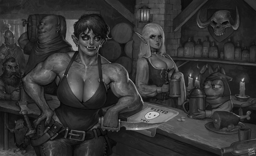 bar biceps big_breasts bodily_fluids breasts cleavage clothed clothing deltoids female group hair holding_knife holding_object holding_weapon humanoid_pointy_ears knife male muscular muscular_female muscular_humanoid pecs pecs_with_breasts pointy_ears short_hair sweat sweaty_breasts tavern tusks weapon justsomenoob pepe_the_frog amphibian cyclops dwarf elf frog humanoid mammal orc rodent 2023 absurd_res greyscale hi_res meme monochrome