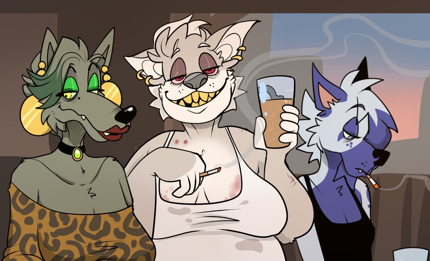 5_fingers animal_print anthro bench beverage big_breasts bite_mark black_clothing black_collar black_nose black_shirt black_tank_top black_topwear blue_body blue_fur blue_hair blue_sky breasts brown_wall cheetah_print cigarette cigarette_in_mouth city cityscape cleavage closed_smile clothed clothed_anthro clothed_female clothing collar container cup ear_piercing ear_ring emerald_(gem) eyebrow_through_hair eyebrows eyelashes eyelashes_through_hair fangs female female_anthro fingers fur gem gold_ear_ring green_eyelids green_highlights grey_body grey_eyes grey_fur grey_nose group hair highlights_(coloring) holding_beverage holding_cigarette holding_object inside lips looking_at_viewer markings mole_(marking) mouth_closed multicolored_hair object_in_mouth orange_clothing orange_shirt orange_topwear piercing pink_sclera red_eyes red_lips ring_piercing shirt short_hair sitting sky small_breasts smile smiling_at_viewer smoking smoking_cigarette stained_clothing tan_hair tan_inner_ear tank_top teeth toothy_grin topwear translucent translucent_hair trio two_tone_hair wall_(structure) whisker_spots white_body white_clothing white_fur white_hair white_shirt white_tank_top white_topwear window yellow_eyes yellow_teeth beastofeuthanasia miyma_mirja_pohjola tanja_(beastofeuthanasia) tarja_viskibasso canid canine canis domestic_dog finnish_spitz mammal spitz wolf 2024 colored digital_drawing_(artwork) digital_media_(artwork) english_description hi_res shaded simple_shading