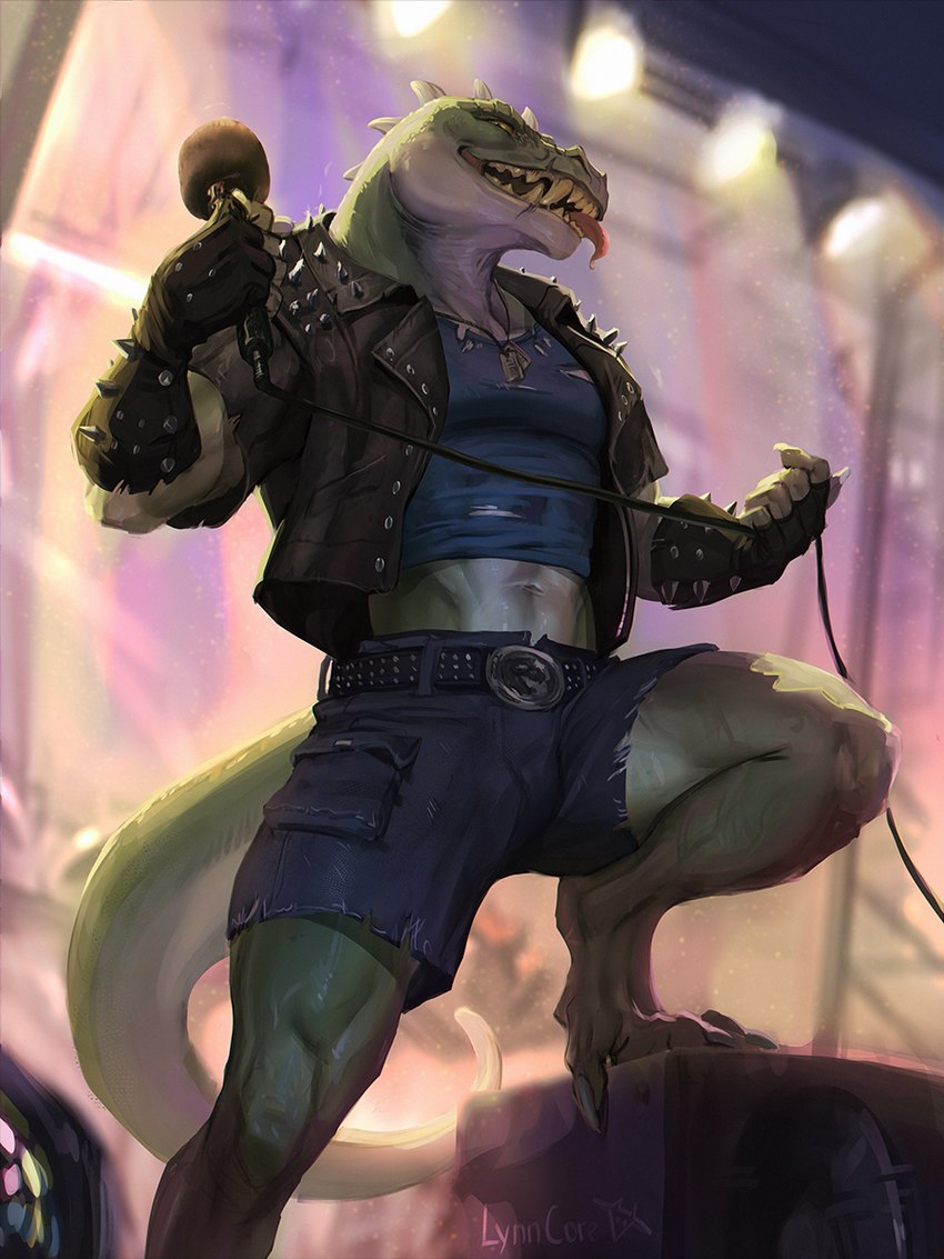 anthro biped bottomwear clothed clothing countershade_face countershade_tail countershade_torso countershading electronics fangs gloves green_body green_scales handwear jacket leather leather_clothing leather_gloves leather_handwear leather_jacket leather_topwear male microphone navel non-mammal_navel pointed_tongue rocking_out scales shirt solo stage stage_lights studded_clothing studded_jacket studded_leather studded_topwear studs tail teeth tongue tongue_out topwear torn_clothing torn_shirt torn_topwear lynncore rocco_(tallion) dinosaur prehistoric_species reptile scalie theropod tyrannosaurid tyrannosauroid tyrannosaurus tyrannosaurus_rex 2023 3:4 hi_res