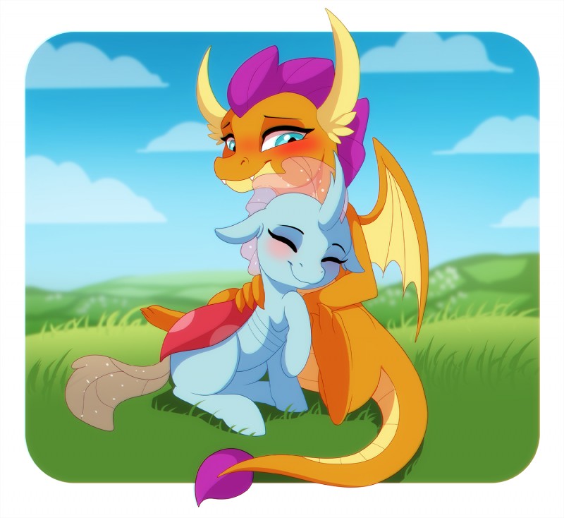 blue_eyes blush cuddling duo female feral horn membrane_(anatomy) membranous_wings semi-anthro tail wings dvixie friendship_is_magic hasbro my_little_pony mythology ocellus_(mlp) smolder_(mlp) arthropod changeling dragon mythological_creature mythological_scalie scalie 2019 hi_res