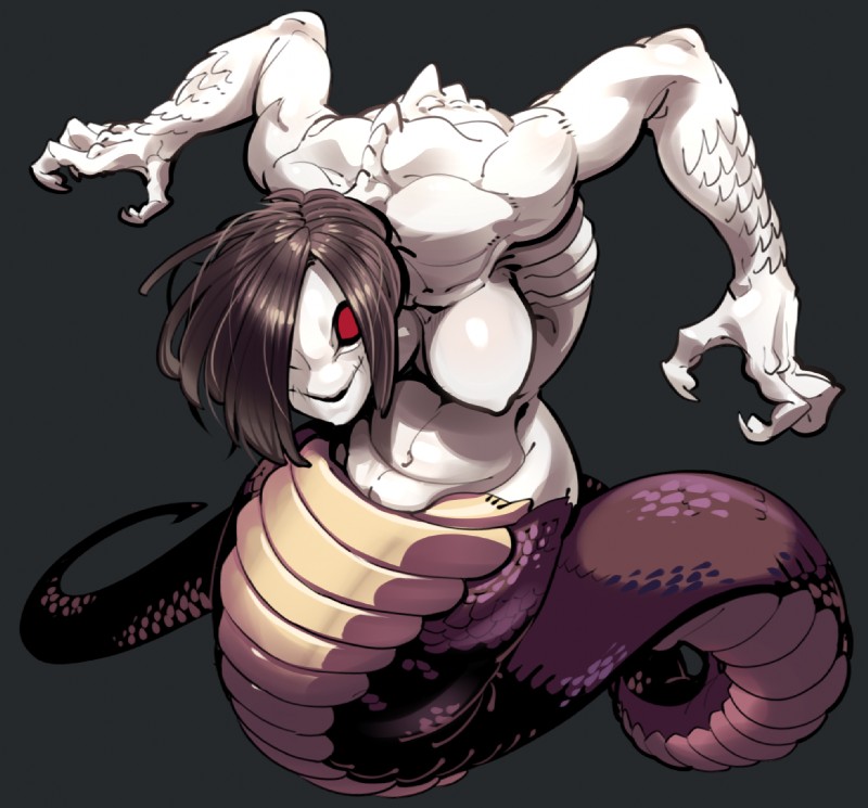 apode breasts brown_body brown_hair brown_scales claws empty_eyes evil_grin female hair hair_over_eye legless navel nude one_eye_obstructed red_sclera scales serpentine short_hair smile solo split_form white_body white_skin sidotama fate_(series) type-moon animal_humanoid draconcopode humanoid lamia lamia_(fate) reptile reptile_humanoid scalie scalie_humanoid snake snake_humanoid