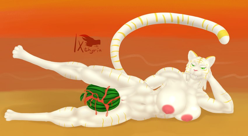 anthro beach big_breasts breasts female food fruit fur genitals huge_breasts melon muscular muscular_female nipples nude plant pussy seaside side_reclining solo stripes sunset watermelon watermelon_crushing white_body white_fur yellow_stripes ixthyria mishar felid mammal pantherine tiger hi_res