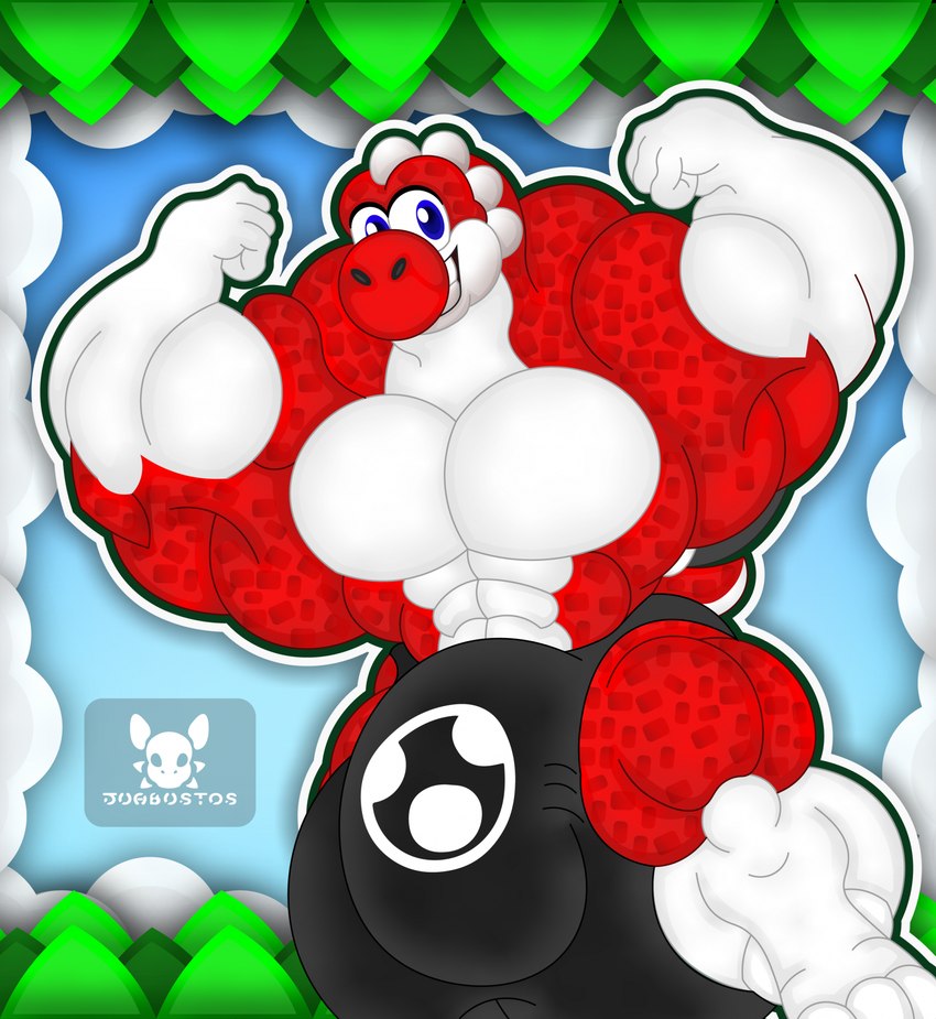 abs anthro balls bulge clothed clothing detailed_background detailed_bulge genitals hyper hyper_genitalia male muscular partially_clothed pecs red_body solo underwear white_arms white_legs jdbo-arts mario_bros nintendo yoshi_(character) yoshi hi_res