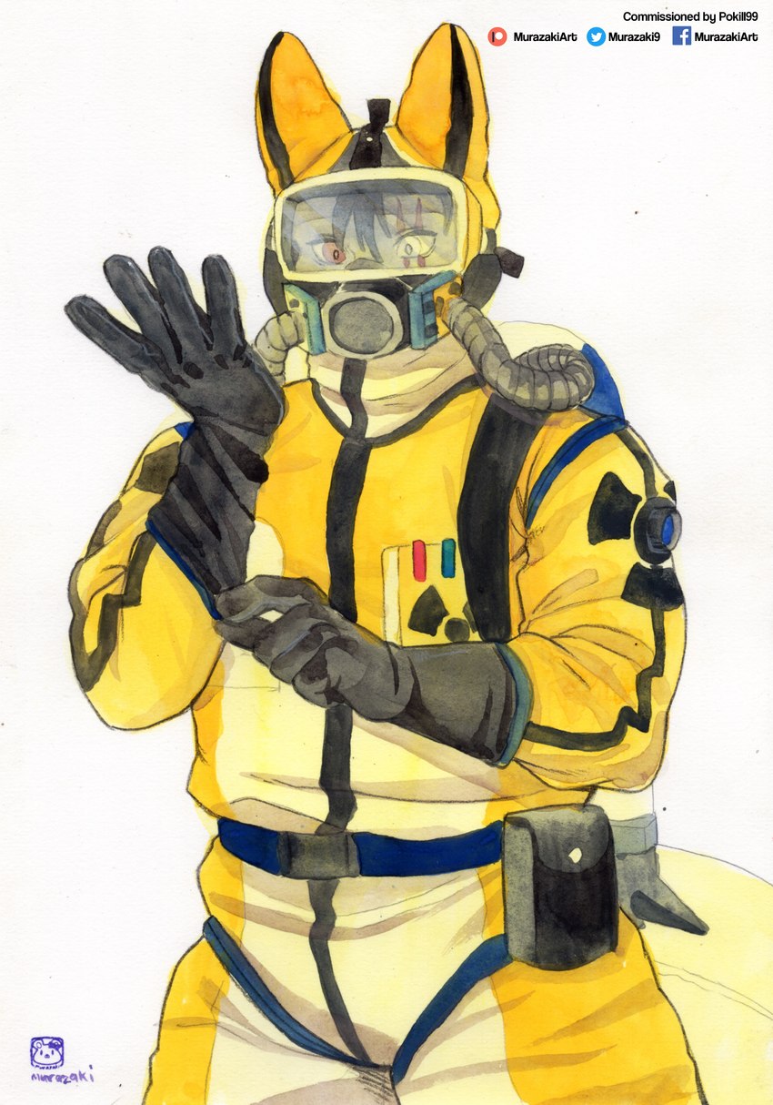 ambiguous_gender anthro biped clothed clothing environmental_suit eye_scar facial_scar gas_mask gloves handwear hazard_symbol hazard_symbol_print hazmat_suit heterochromia latex mask print_clothing print_hazmat_suit radiation_symbol radiation_symbol_print scar simple_background solo standing symbol white_background murazaki mammal absurd_res half-length_portrait hi_res painting_(artwork) portrait traditional_media_(artwork) watercolor_(artwork)