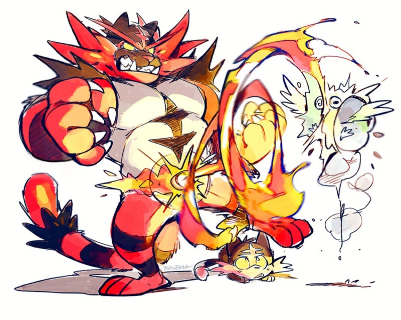 3_toes 5_fingers ambiguous_gender anthro claws fangs feet feral fingers fire fur group male muscular muscular_male simple_background stocky teeth toes trio white_background super-tuler nintendo pokemon felid generation_7_pokemon incineroar litten mammal pokemon_(species) 2016 5:4