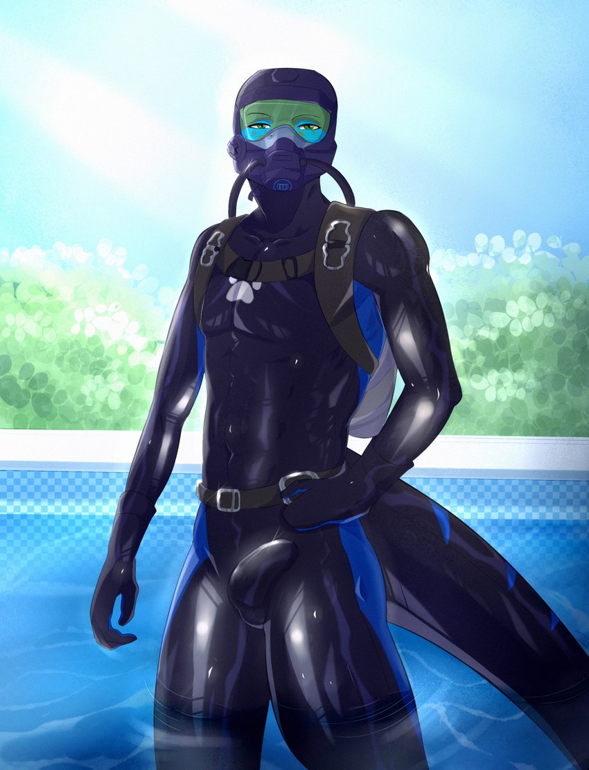 air_hose air_tank anthro armor balls_outline black_latex blue_body blue_latex blue_scales buckle bulge clothing detailed_bulge diving_helmet genital_outline gloves green_body green_eyes green_scales hand_on_hip handwear harness headgear helmet latex light looking_at_viewer male muscular neoprene outside partially_submerged penis_outline plant scales scuba_diver sky solo standing sunlight swimming_pool tail water weight_belt wetsuit mdskitty lazlo_(morgan3201) lizard reptile scalie 2023 digital_media_(artwork) hi_res