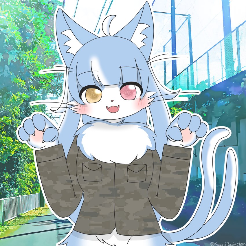 2_tails 4_fingers ahoge anthro bangs biped blue_body blue_fur blue_hair blush blush_lines bottomless camo camo_clothing camo_print camo_topwear cheek_tuft claws clothed clothing facial_tuft fangs femboy fingers front_view fur hair heterochromia inner_ear_fluff long_hair looking_at_viewer male multi_tail multicolored_body multicolored_fur neck_tuft open_mouth open_smile outline partially_clothed pattern_clothing pattern_topwear paw_pose photo_background pink_nose pose red_eyes smile smiling_at_viewer solo standing tail teeth topwear tuft two_tone_body two_tone_fur whiskers white_body white_fur white_outline yellow_eyes kawaiirosiechan japan_air_self-defense_force omaneko_(jasdf) domestic_cat felid feline felis mammal 1:1 2024 absurd_res half-length_portrait hi_res photography_(artwork) portrait signature